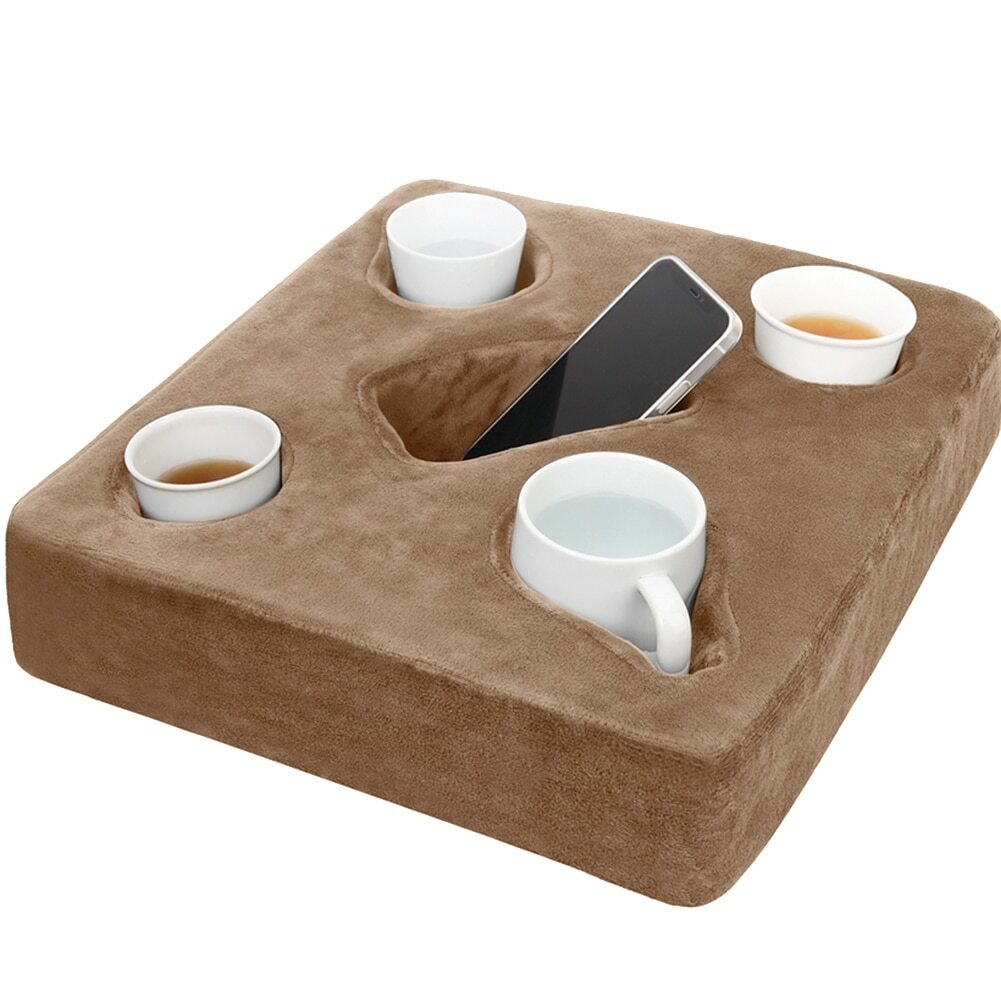 Cup Holder Pillow Mocha Brown Plush Couch Drink Pillow