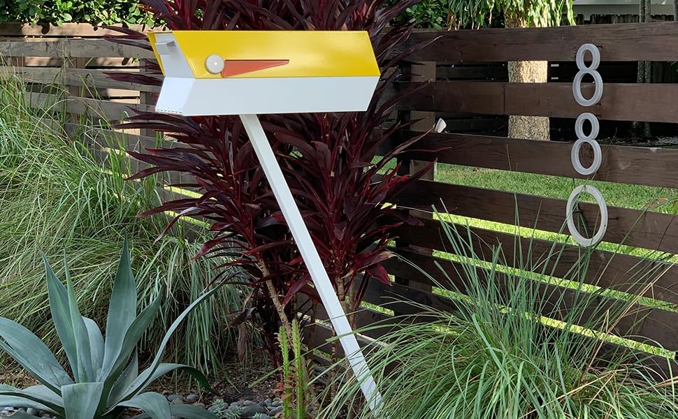 Curbside Mailbox Two Tone Yellow and White with Angled Post