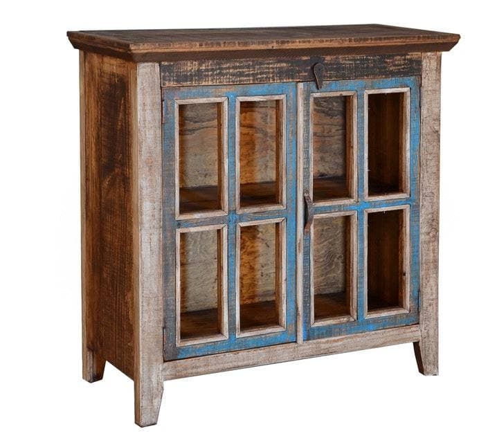 Curio Cabinet Blue Windowpane Doors Distressed Wood Case