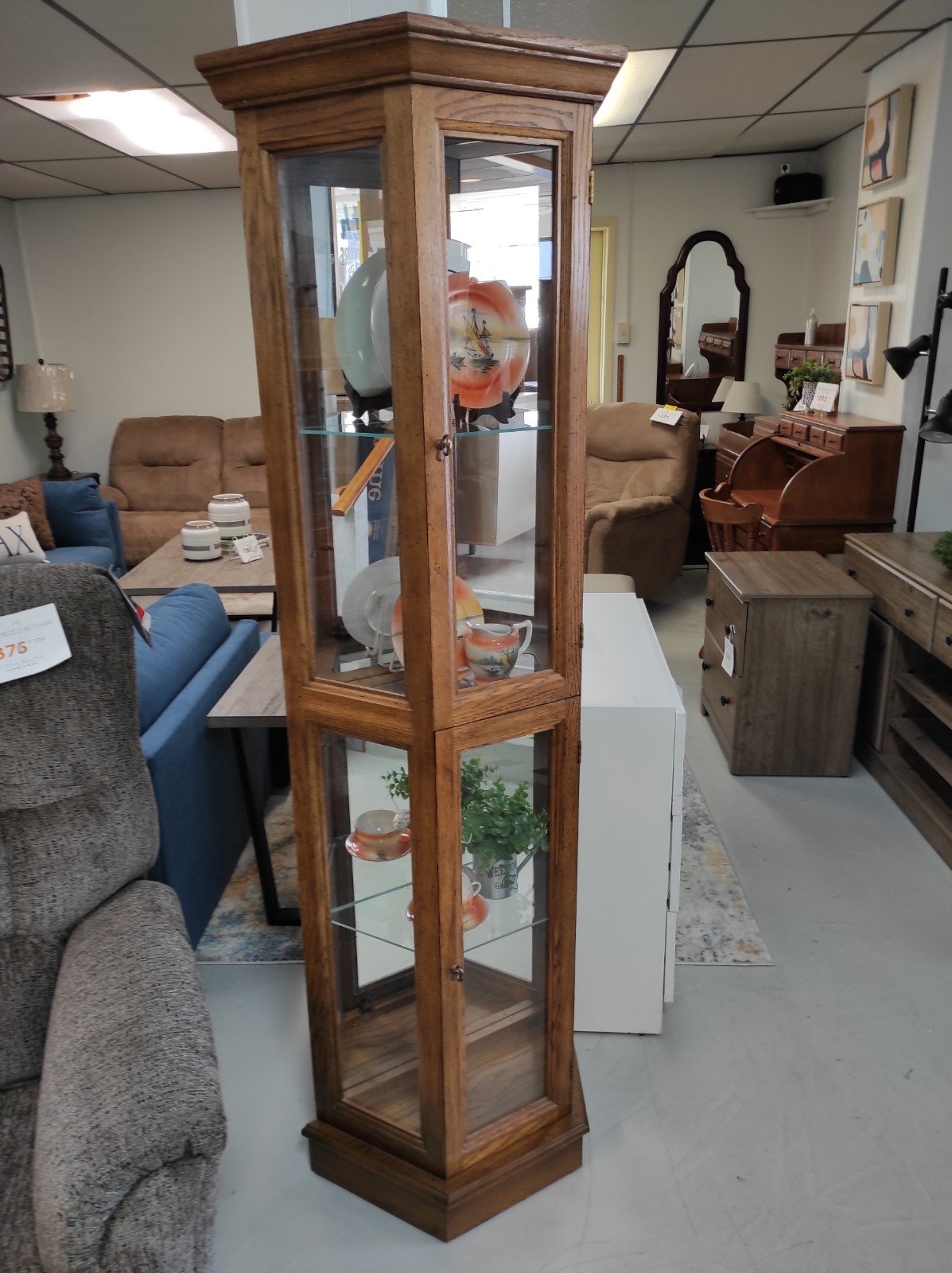 Curio Cabinet Hexagonal Front Slim Crown Molding Tower