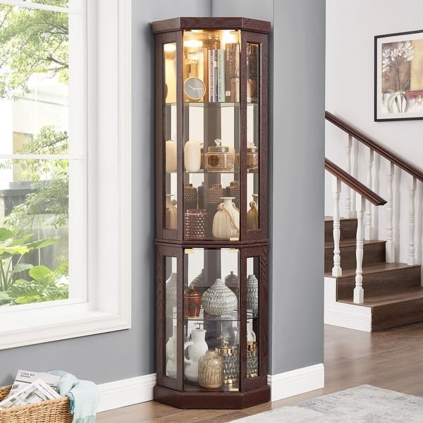 Curio Cabinet Hexagonal Mirrored Back Glass Display
