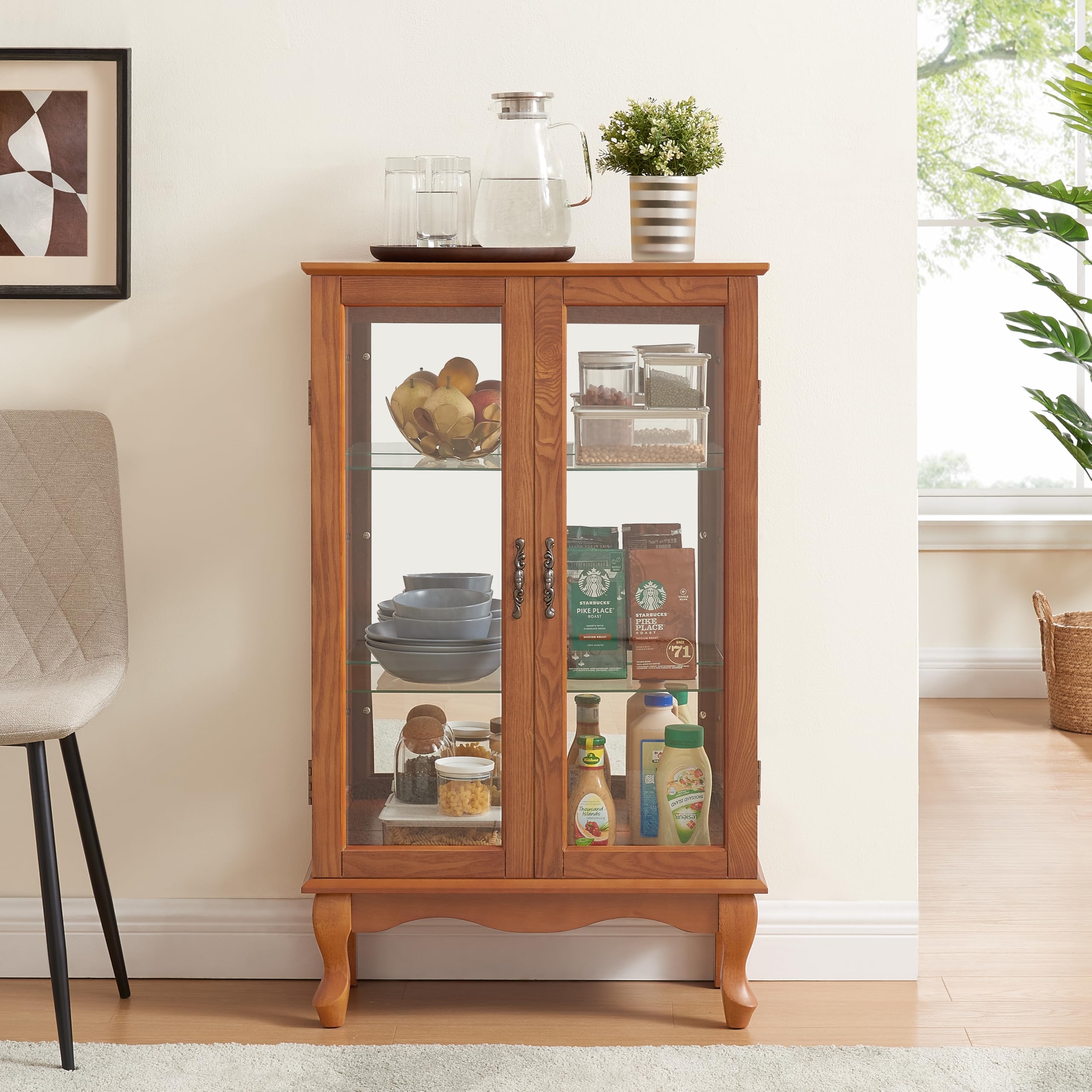 Curio Cabinet Honey Oak finish with Elegant Cabriole Legs