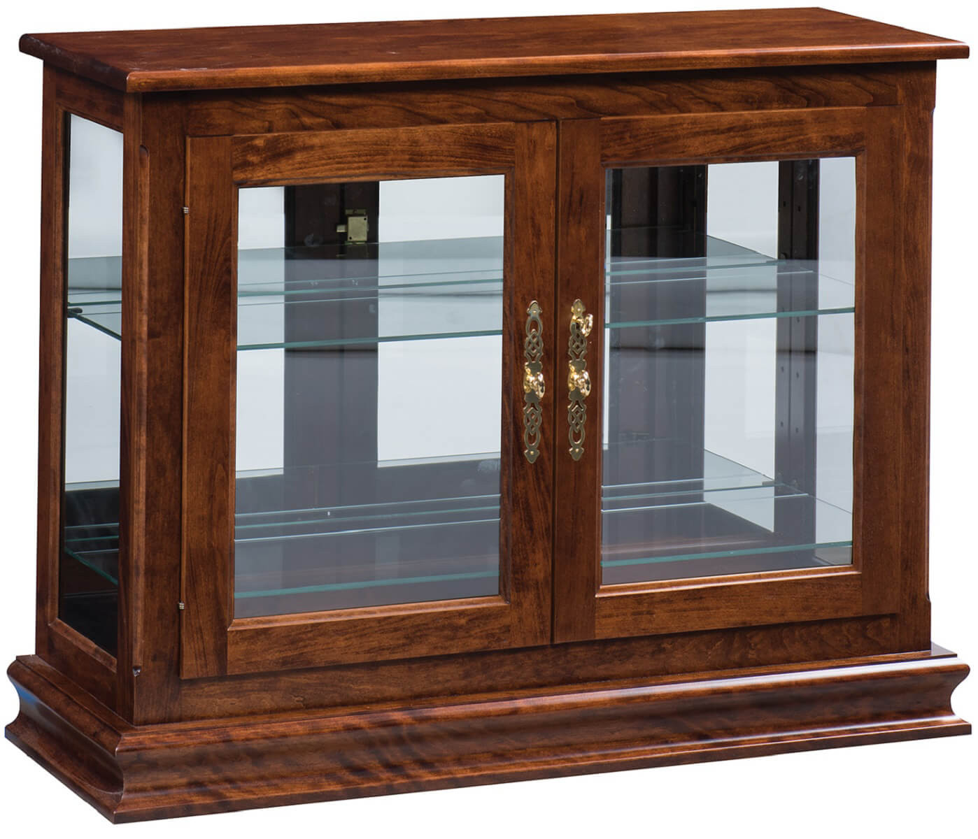 Curio Cabinet Low Wood Case with Stepped Base and Mirror