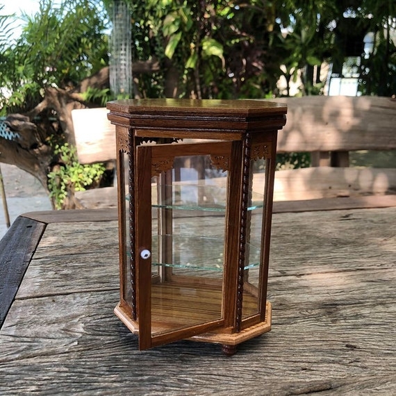 Curio Cabinet Miniature Octagonal Wood Display Case Box