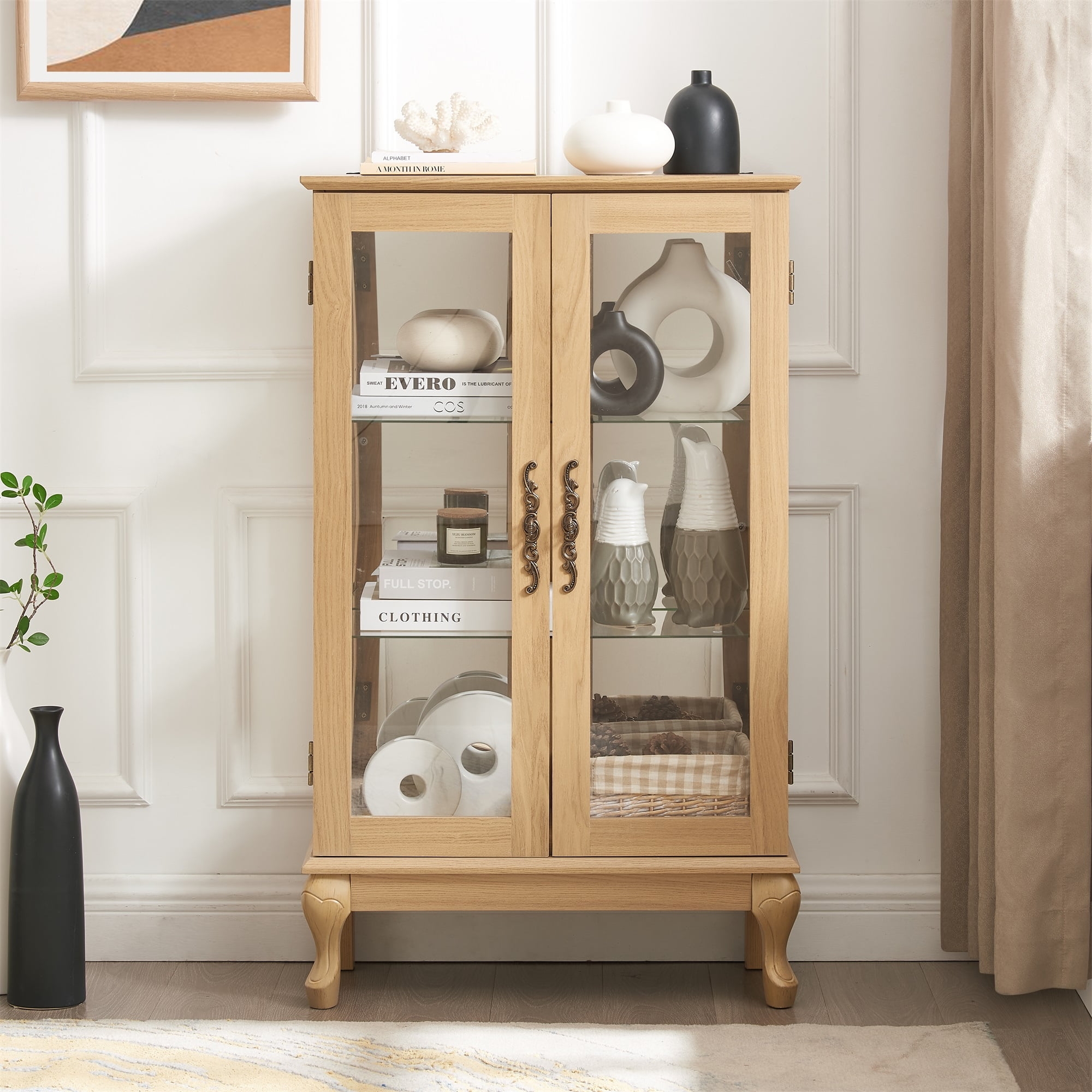 Curio Cabinet Natural Wood with Ornate Bronze Handles