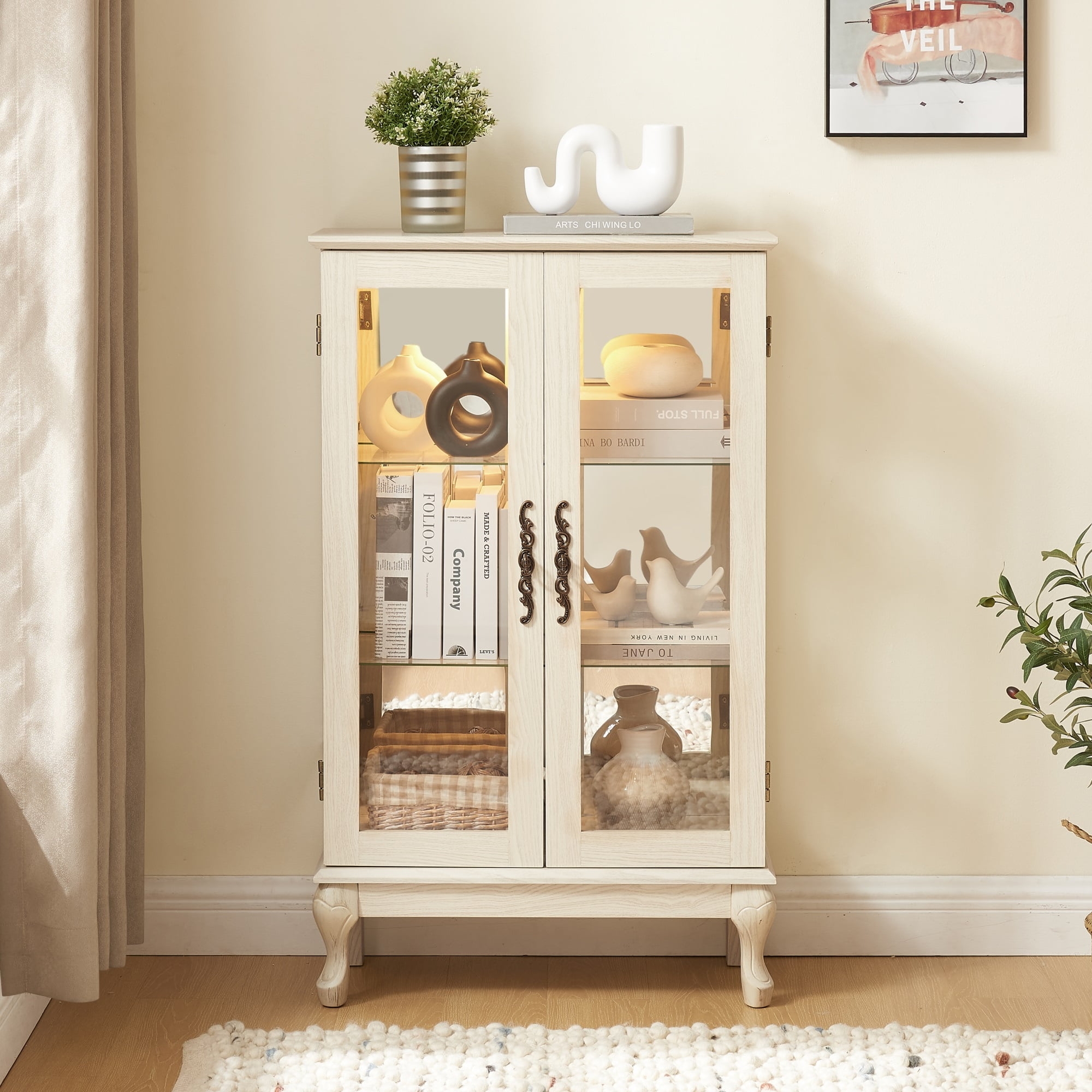 Curio Cabinet Whitewashed French Country Lit Glass Case