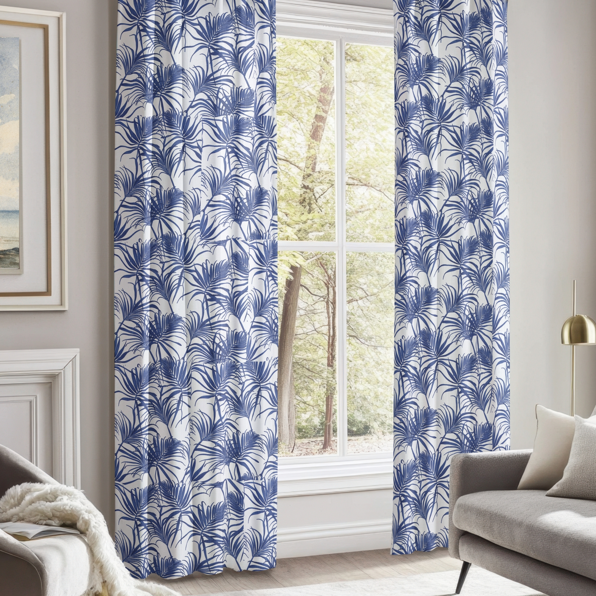 Curtain Panel Cobalt Blue Palm Blue and White Island Decor