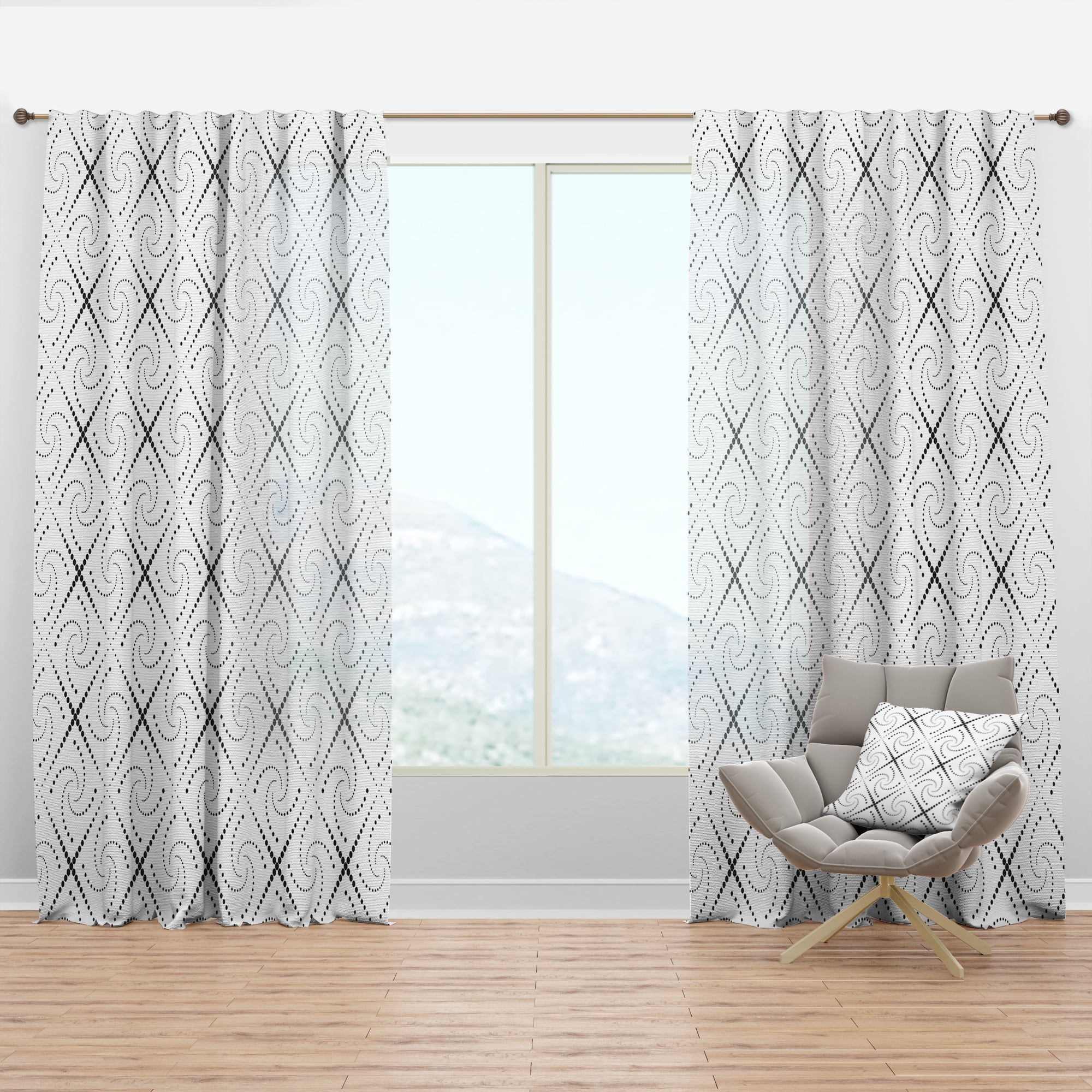 Curtain Panel: Dotted Spiral Diamonds Monochrome Decor