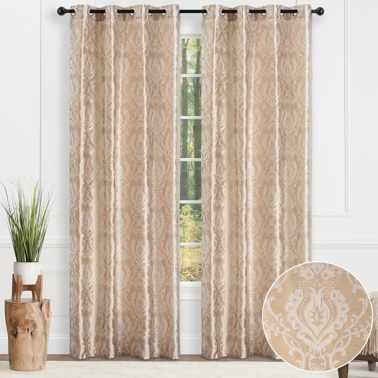 Curtain Panels: Champagne Beige Damask Jacquard Weave
