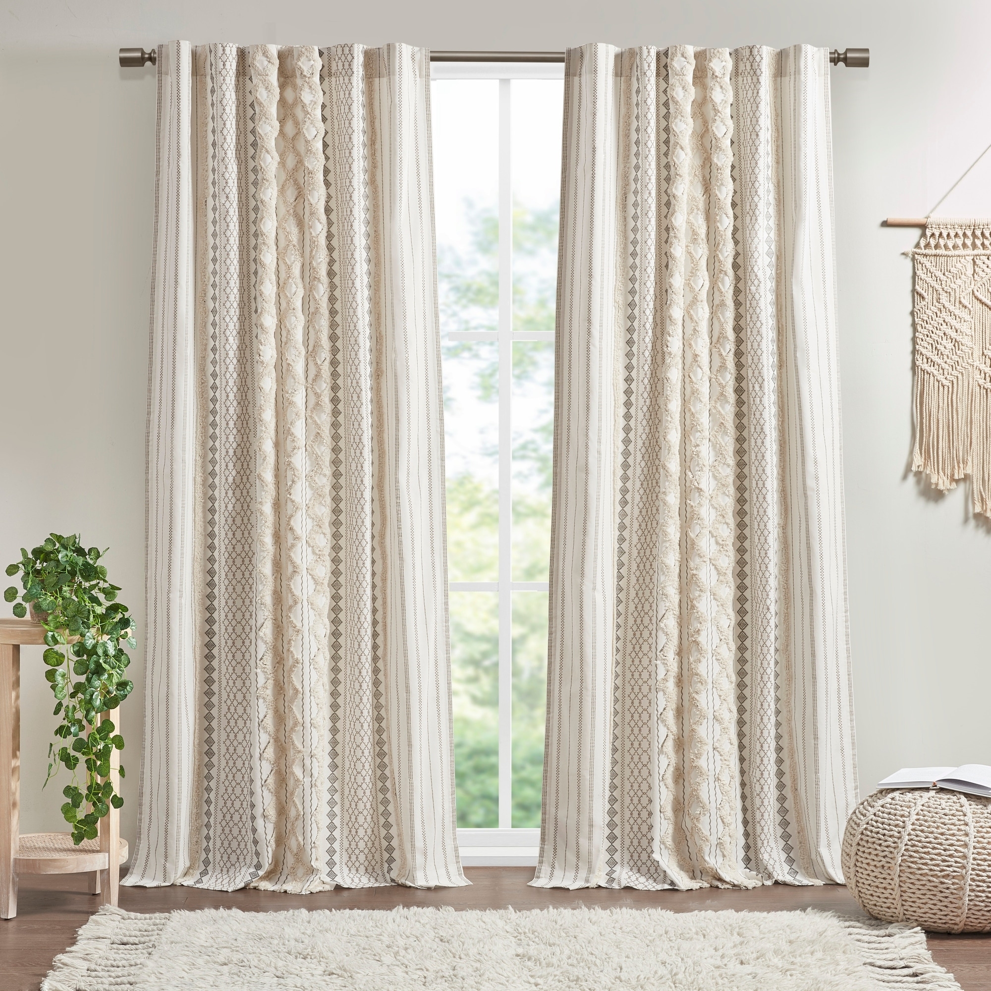 Curtain Panels: Chenille Tufting Boho Geometric Drapes