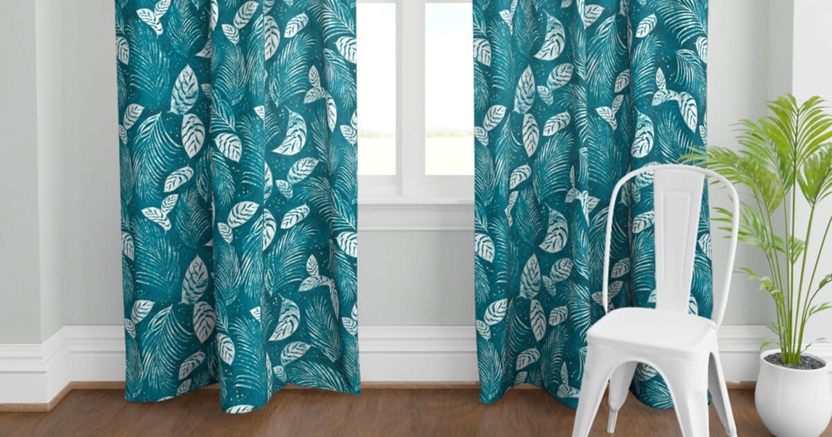 Curtains featuring Teal Botanical Pattern Leaf Print