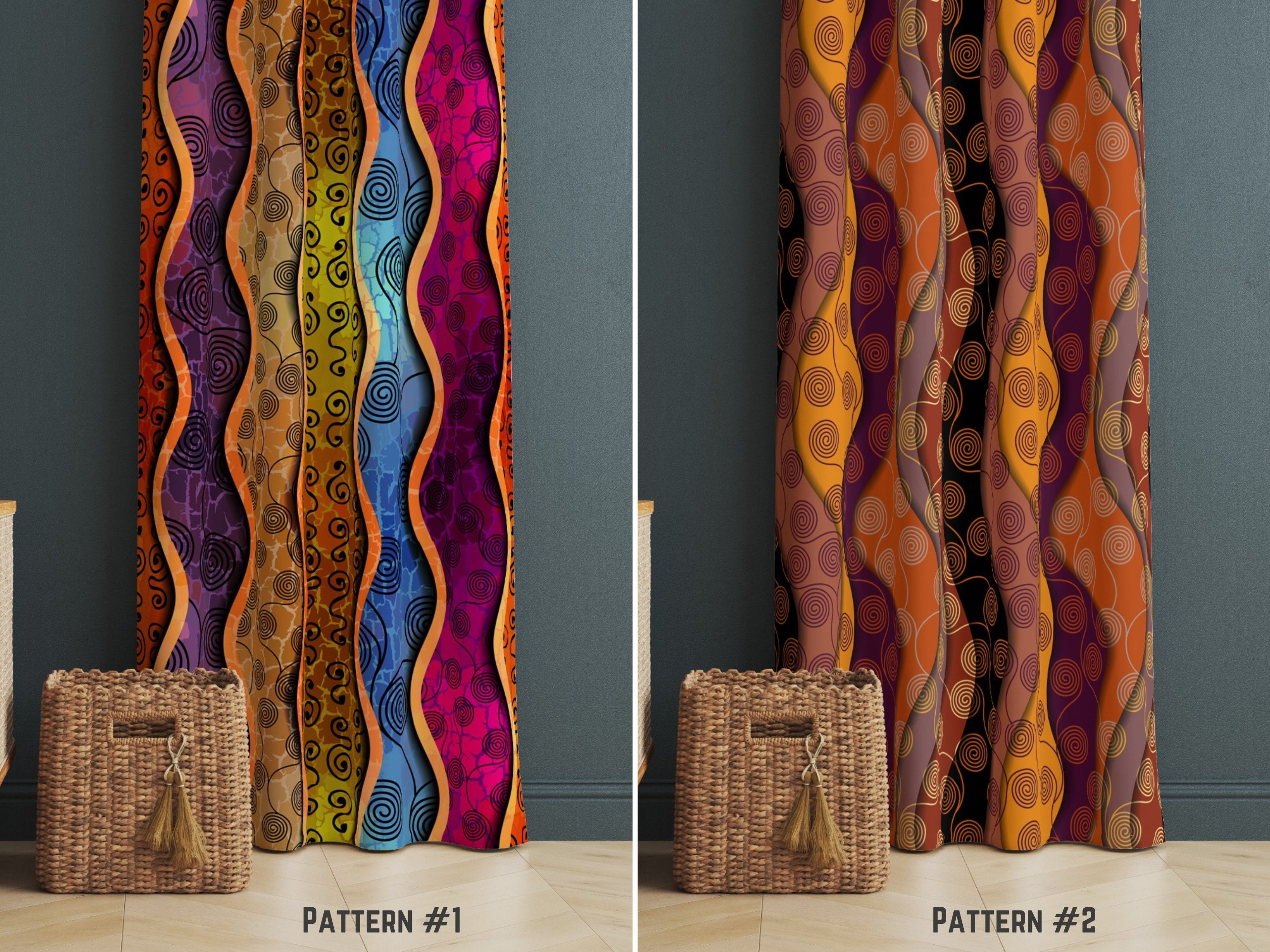 Curtains featuring Vertical Wavy Stripes and Spiral Motifs