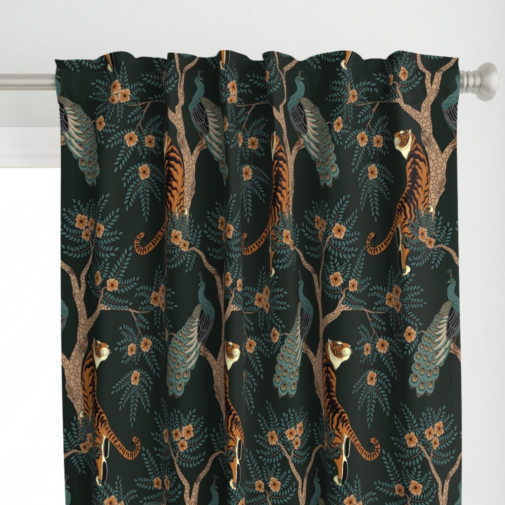 Curtains in Forest Green with Tiger Peacock Pattern Print