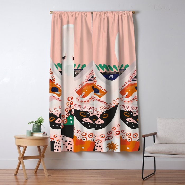 Curtains with Abstract Octopus Motif on Salmon Pink Fabric