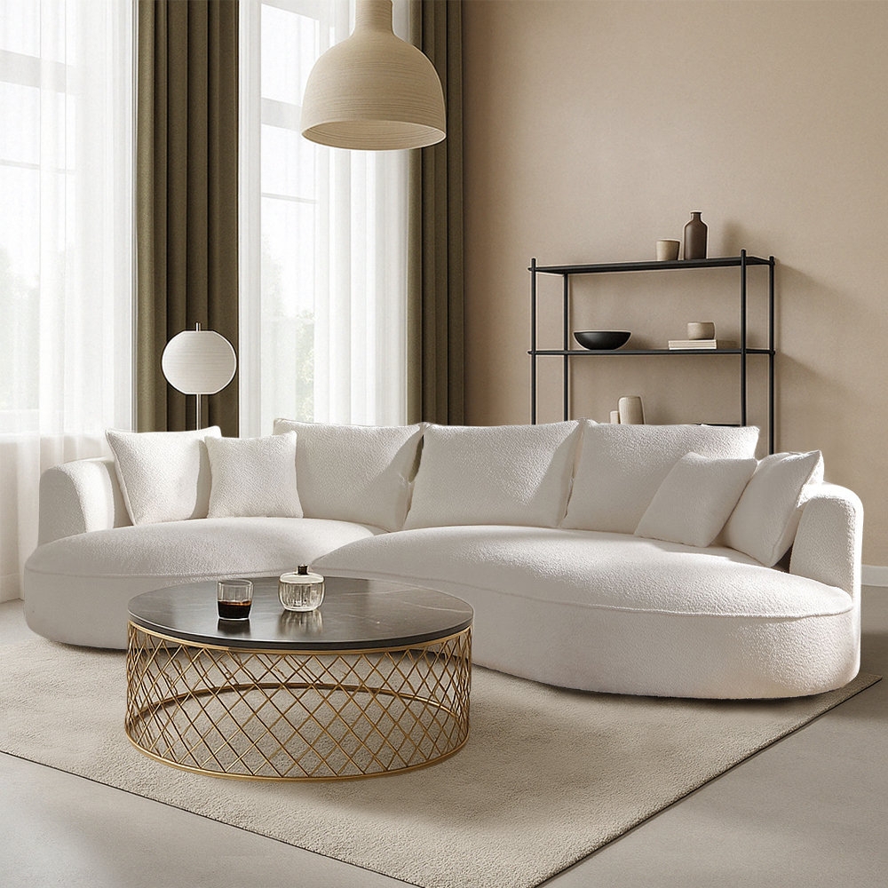 Curved Sectional Cream Boucle Gold Lattice Base Seating