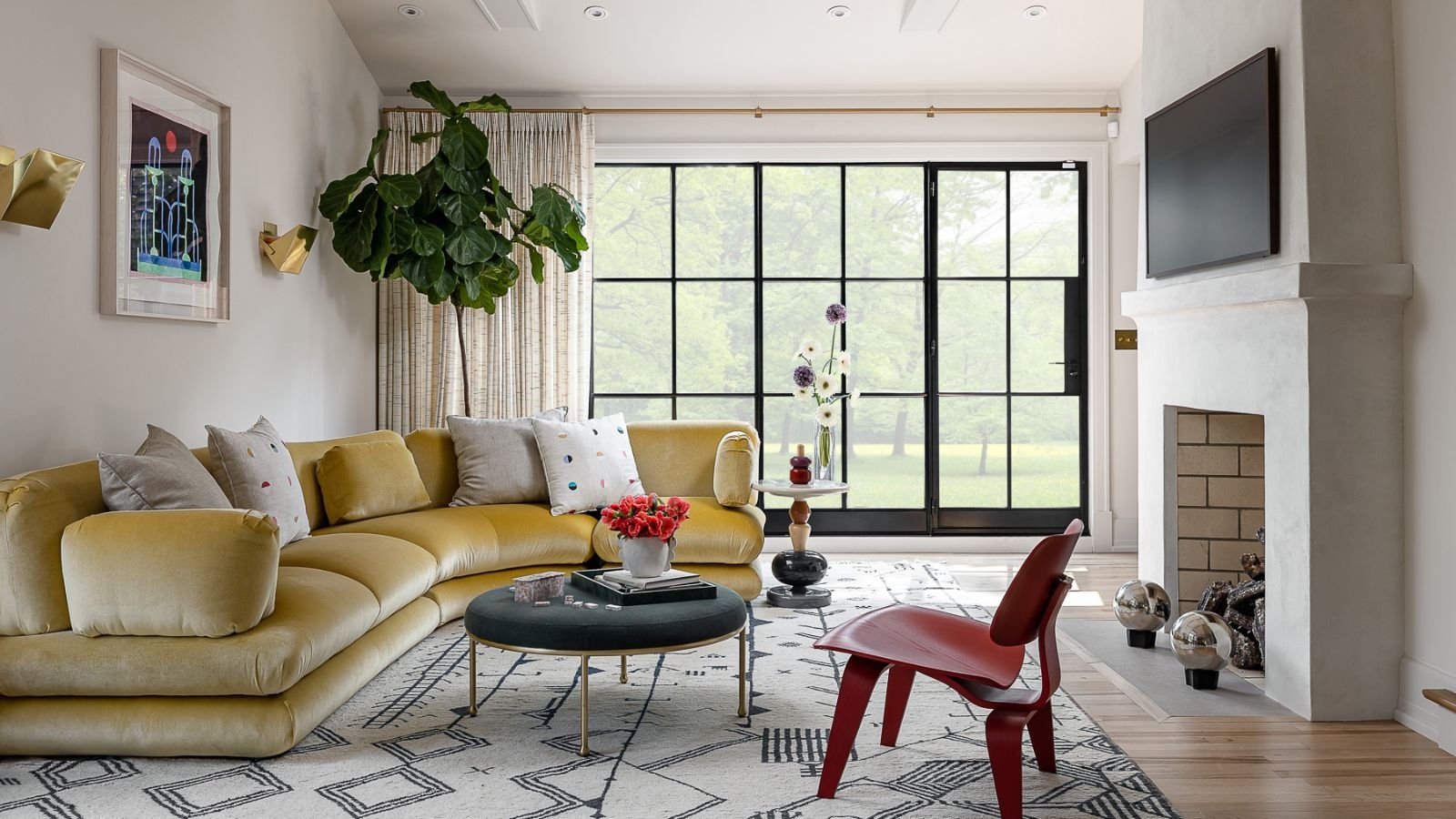 Curved Sectional Mustard Yellow Black Grid Window Lounge