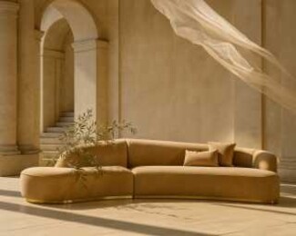 Curved Sectional Ochre Yellow Recessed Metallic Base