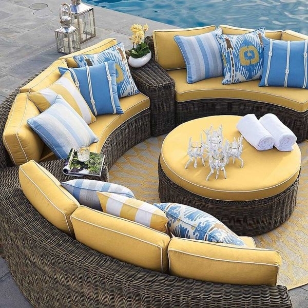Curved Sectional Sofa: Mustard Yellow Poolside Wicker