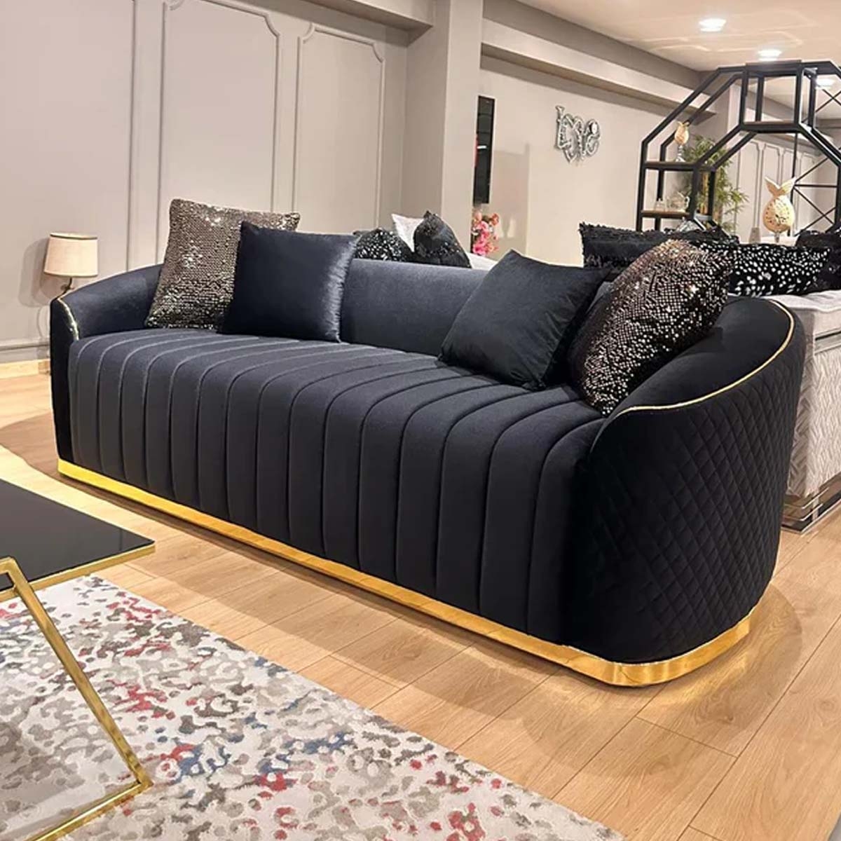 Curved Sofa Diamond Quilted Sides Black Gold Tuxedo Sofa
