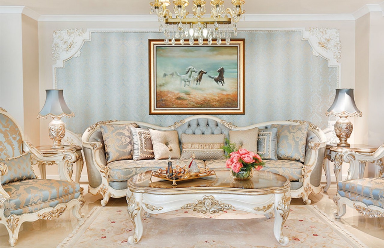 Curved Sofa: Ivory Carved Frames with Powder Blue Upholstery