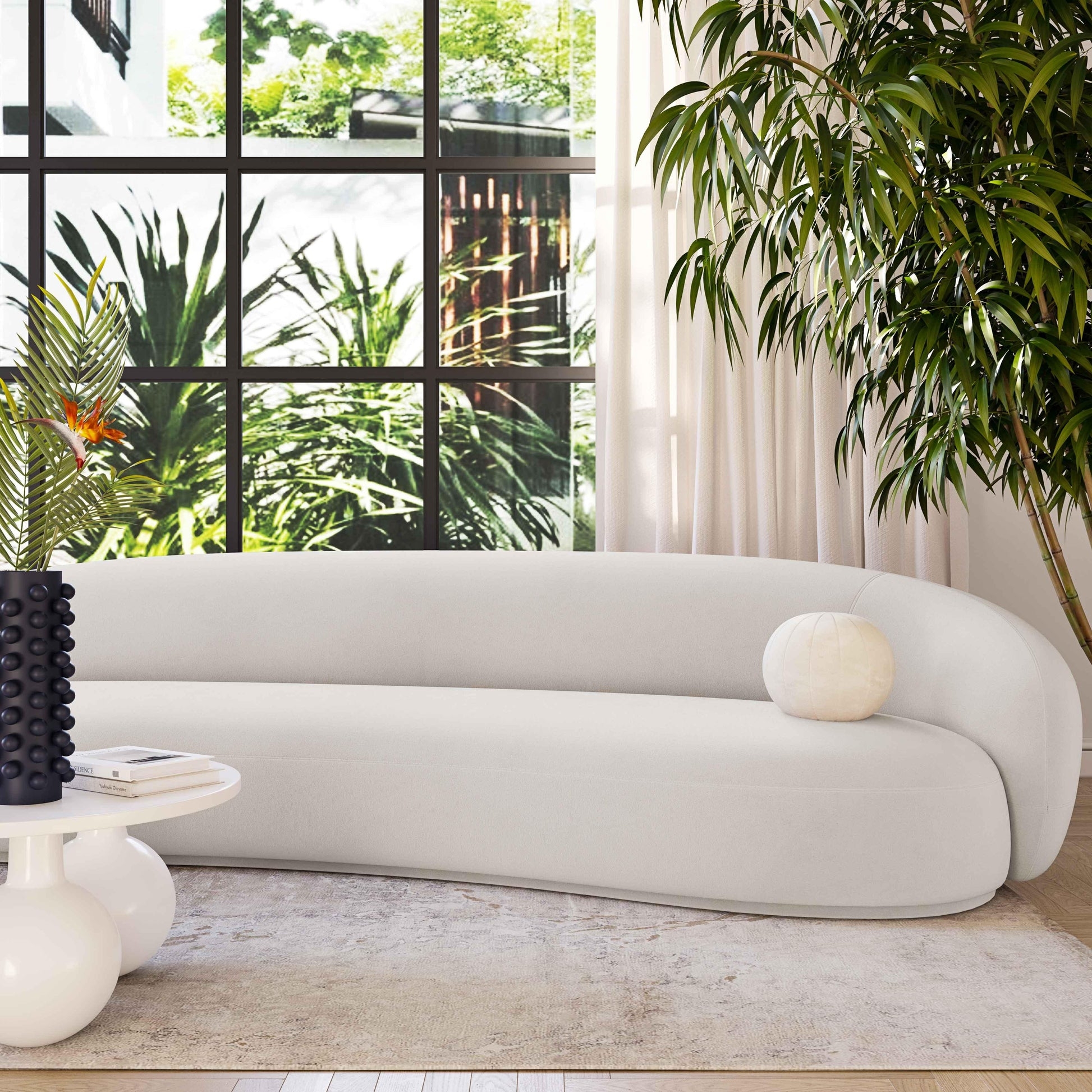 Curved Sofa on Monolithic Base and Performance Velvet Couch
