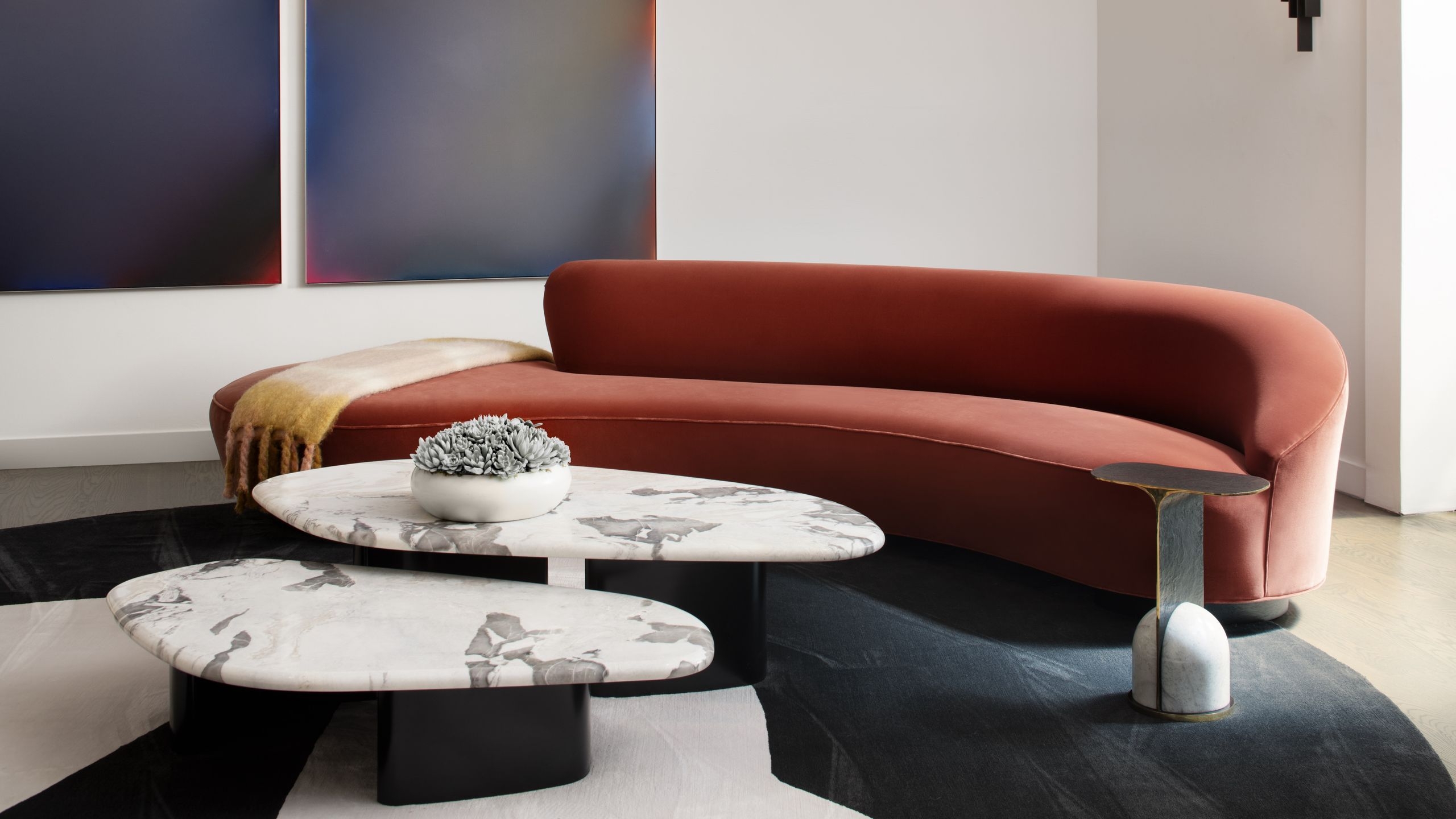 Curved Sofa Serpentine Shape Rust Orange Marble Nesting