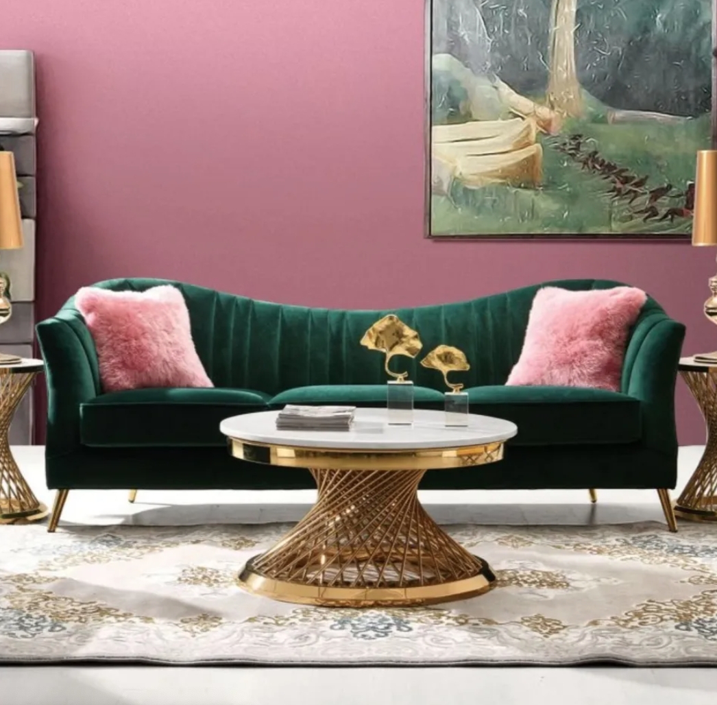 Curved Sofa Vertical Channel Tufting Brass Base