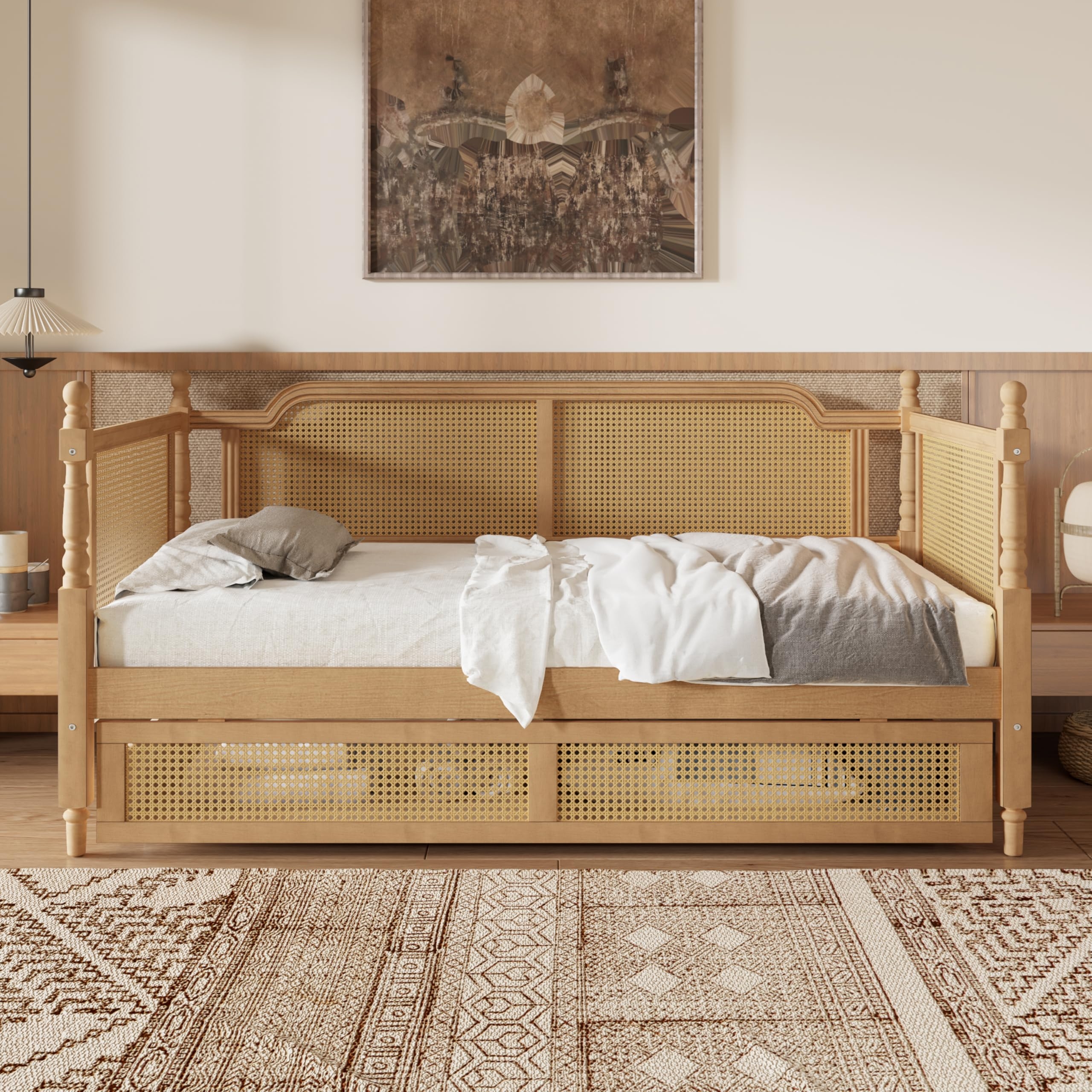 Daybed Rattan Storage Drawers and Turned Finials Bed