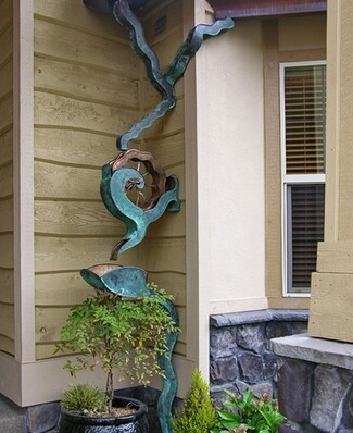 Decorative Downspout Verdigris Patina Water Wheel Lilypad Basin