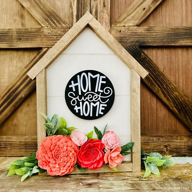 Decorative Sign: House Shaped Home Sign Floral Accents