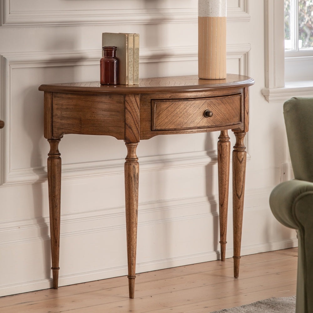 Demi Lune Table Chevron Patterned Drawer Natural Wood Demi Lune Table