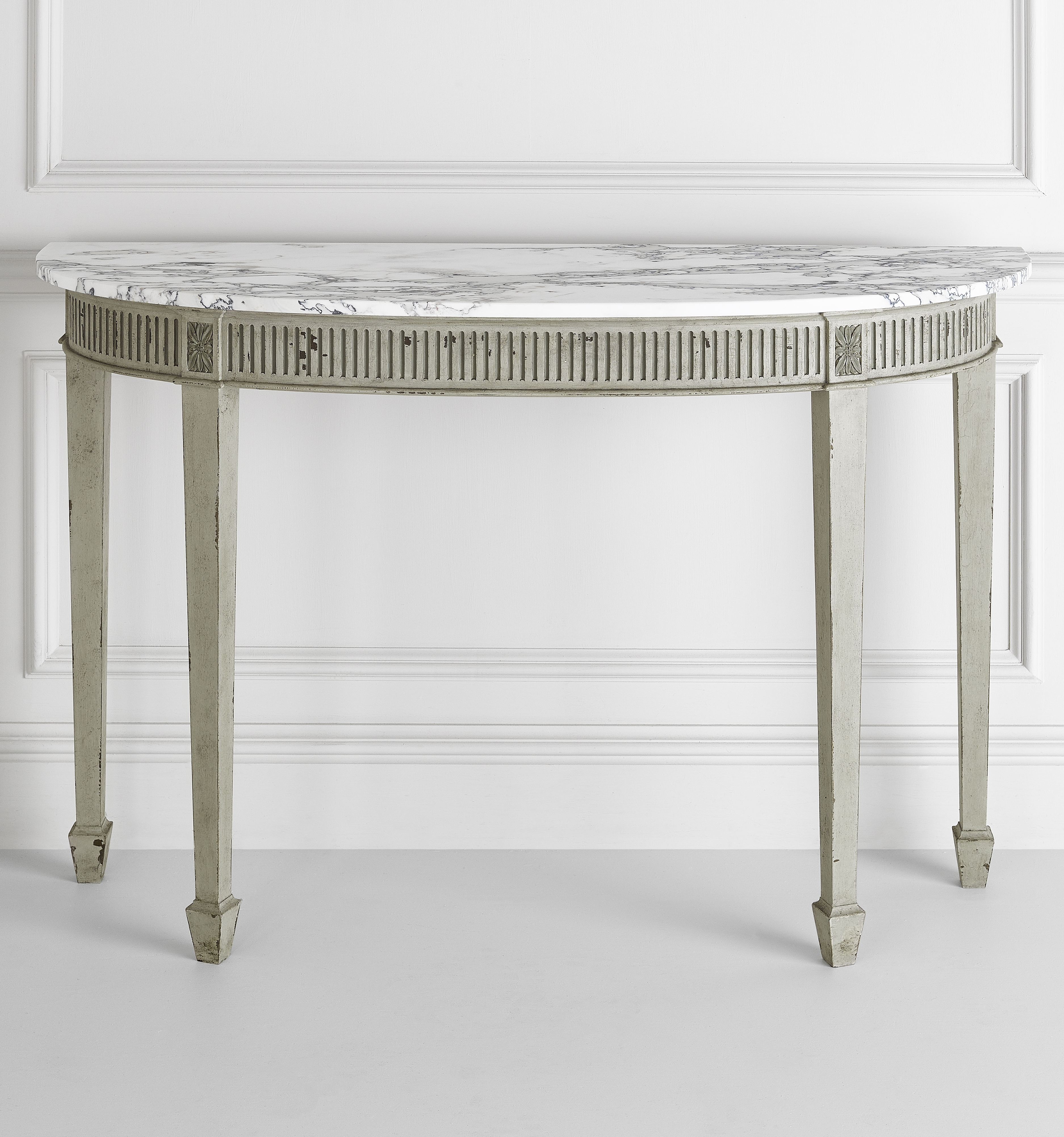 Demi Lune Table Distressed Finish Semicircle Marble Top Console