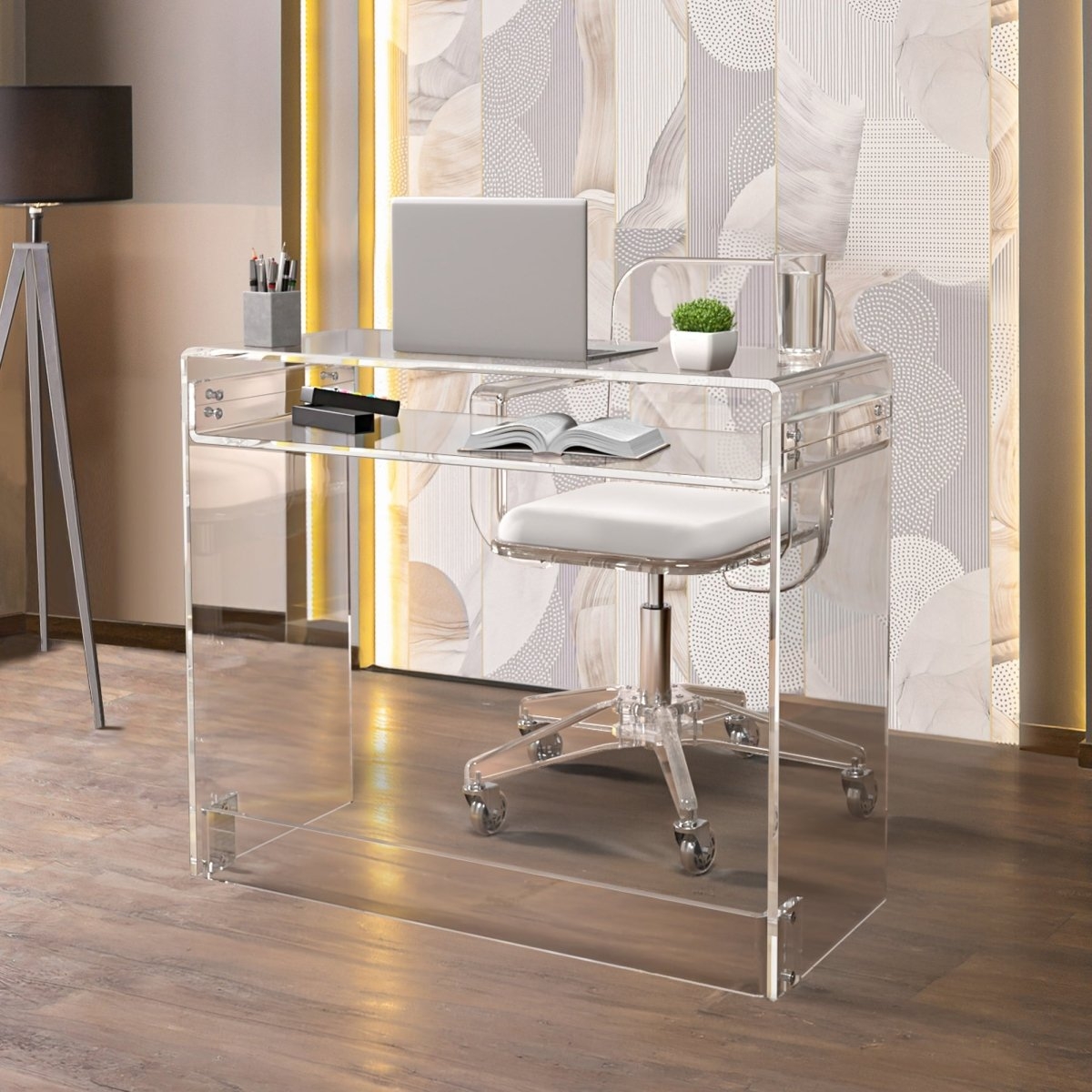 Desk And Chair Set with Waterfall Edge and Rolling Casters