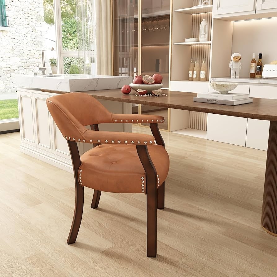 Dining Armchair: Orange Upholstery and Espresso Nailhead Trim Chair