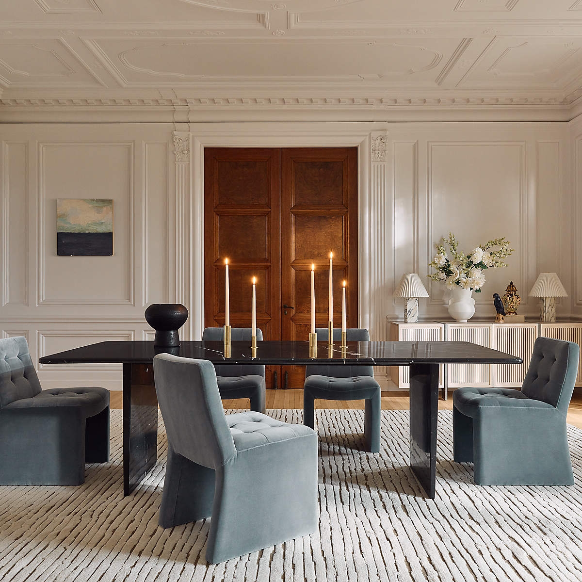 Dining Chair Block Base Tufted Back Dusty Blue Velvet Seating