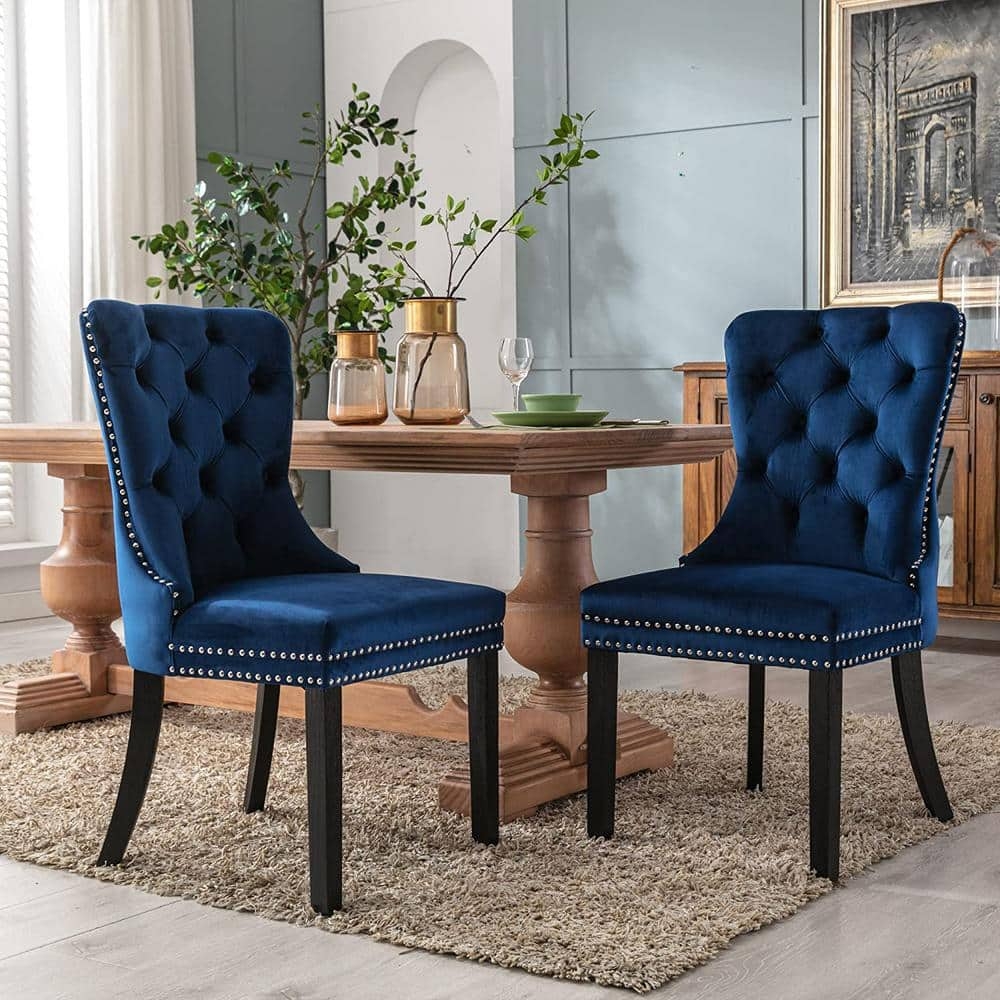 Dining Chair Diamond Button Tufting Blue Velvet Upholstery