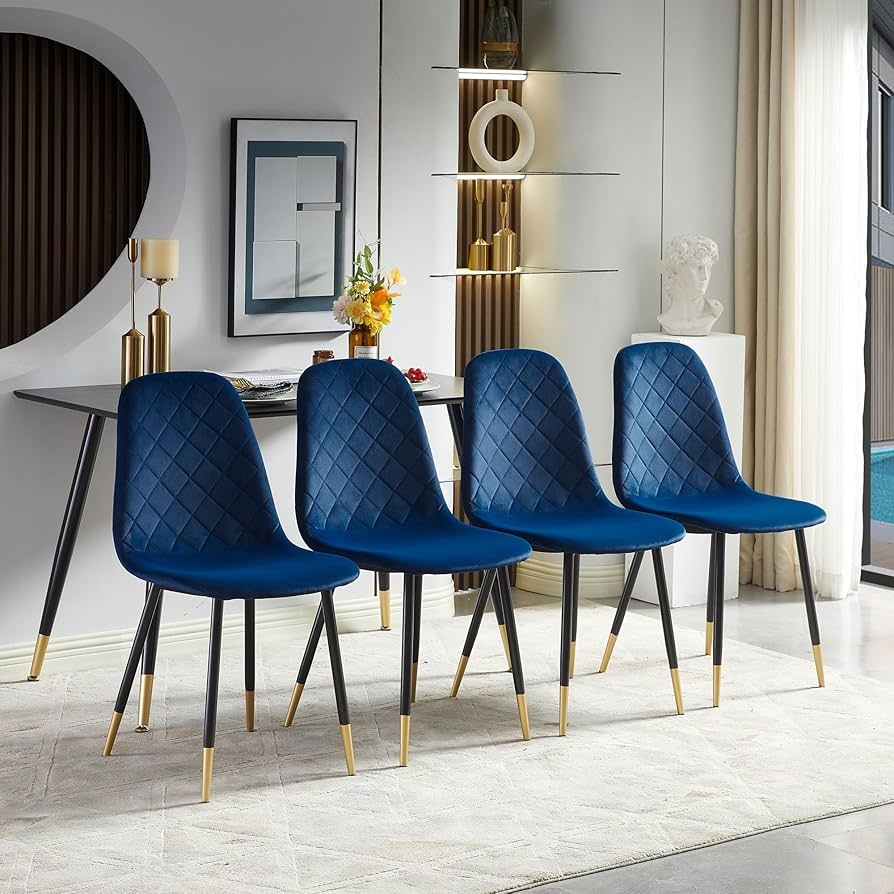 Dining Chair Diamond Quilted Back Gold Capped Feet Navy Velvet