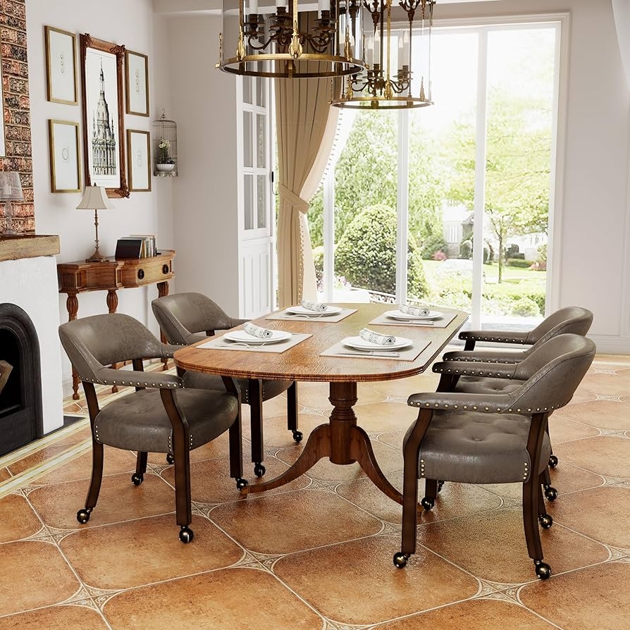 Dining Chair: Espresso Rolling Legs Seating with Nailhead Trim