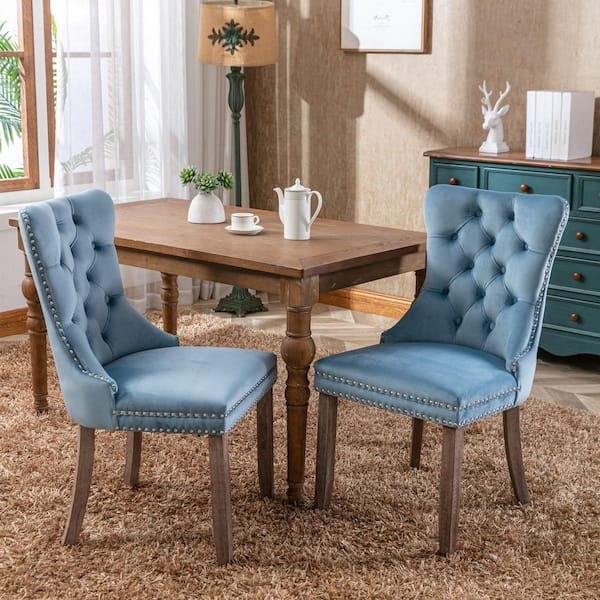 Dining Chair Light Blue Velvet Button Tufting Nailhead Trim