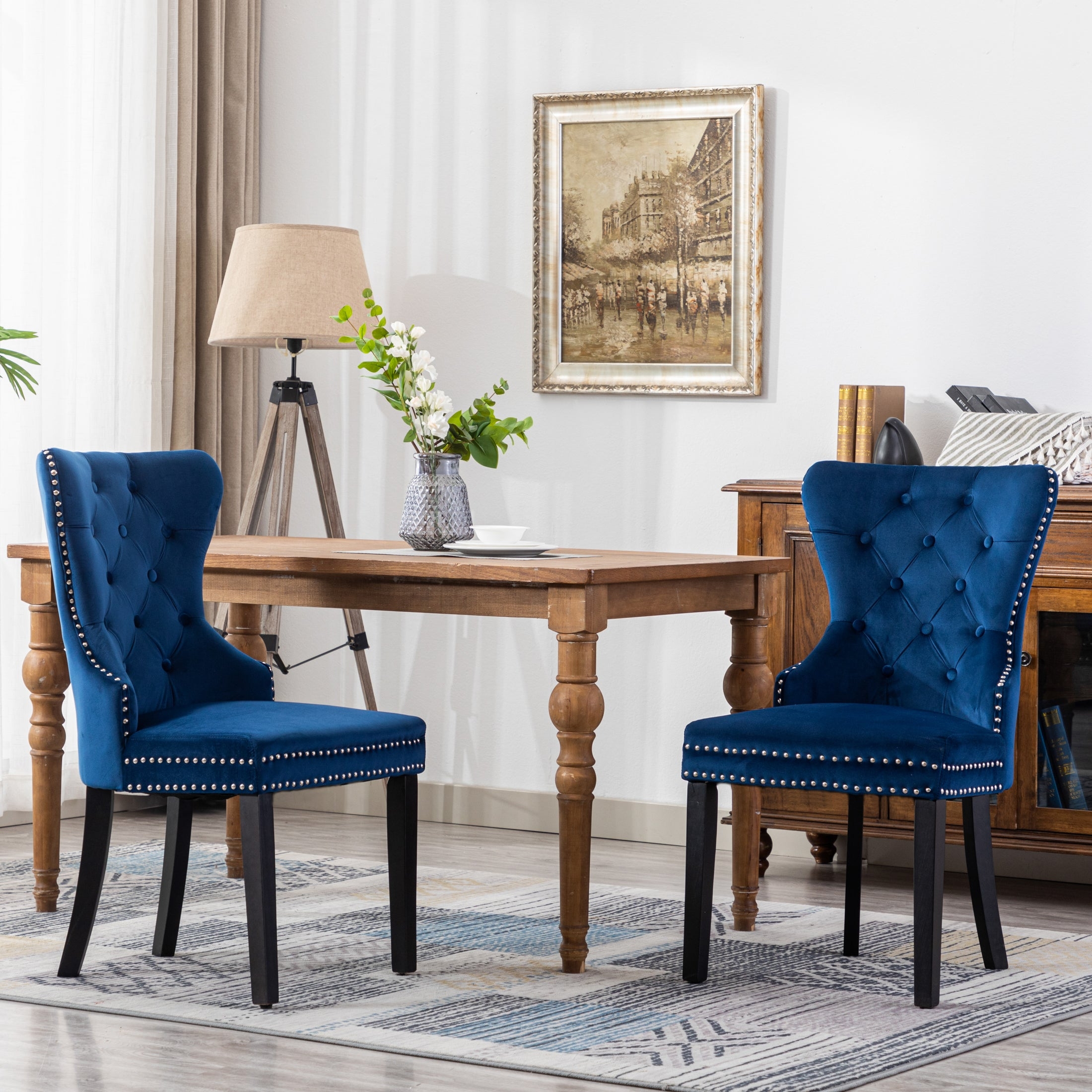 Dining Chair Nailhead Trim Button Tufting Royal Blue Seating