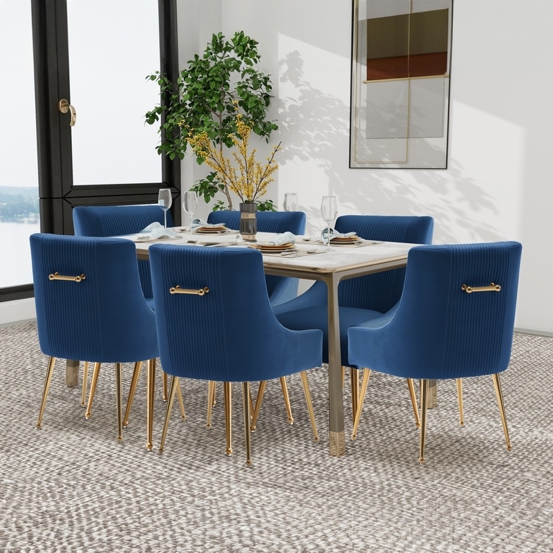 Dining Chair Pleated Back Rear Handle Dark Blue Velvet Seating