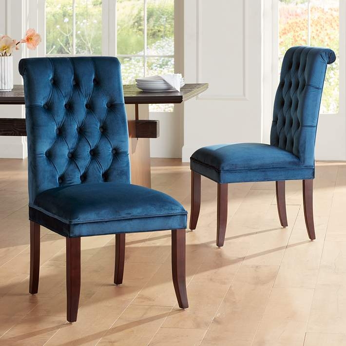 Dining Chair Sapphire Blue Scroll Top Backrest Tapered Legs