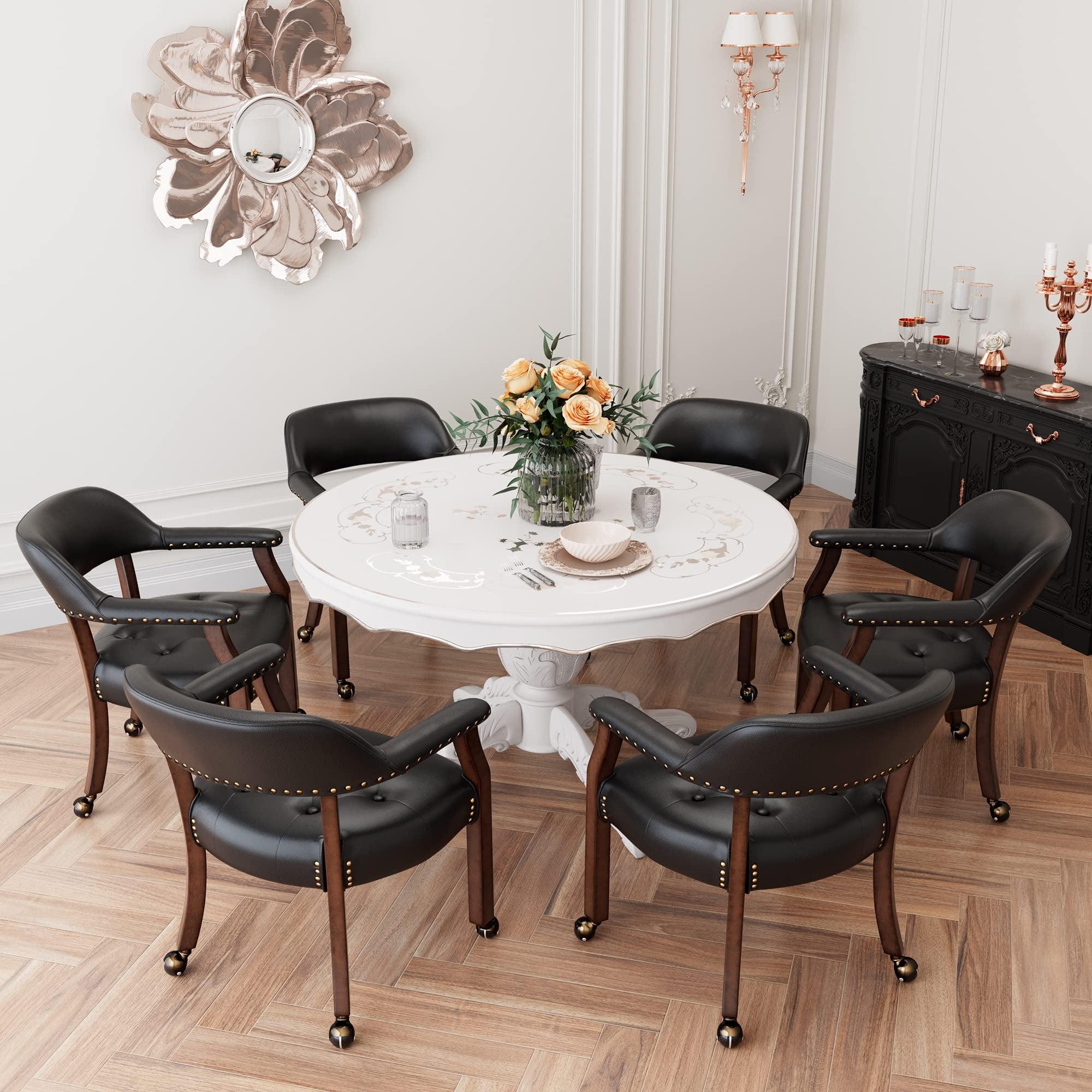 Dining Chair Set: Rolling Casters with Matte Black Silhouette