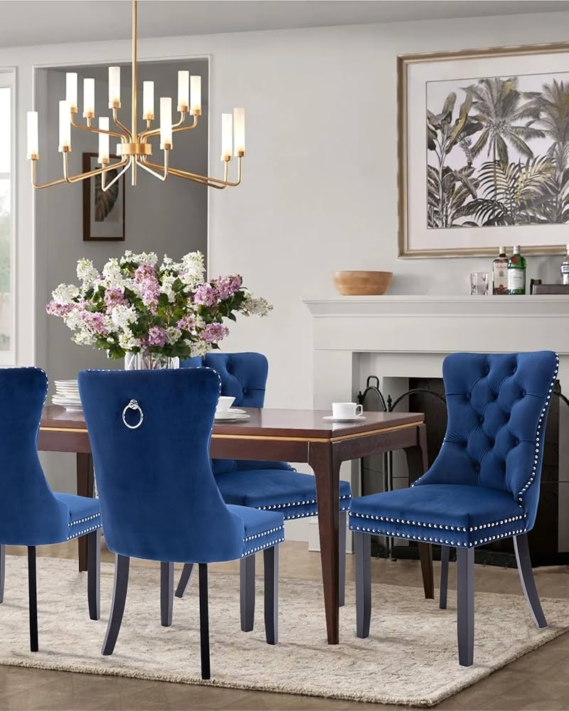 Dining Chair Silver Ring Pull Royal Blue Velvet Diamond Tufting