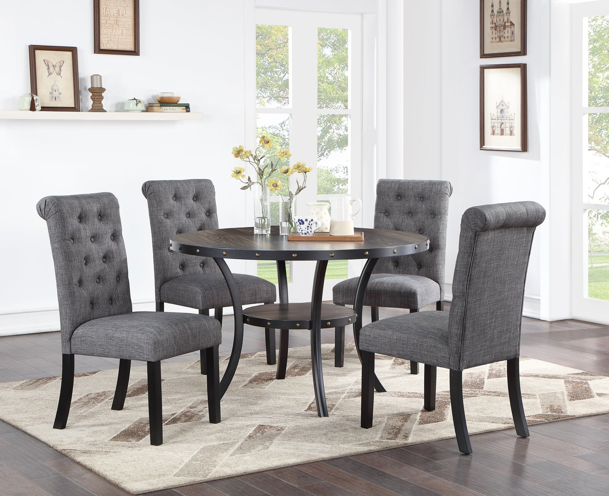 Dining Chair Tufted Scroll Back Charcoal Fabric Charcoal Grey Tufted Chairs