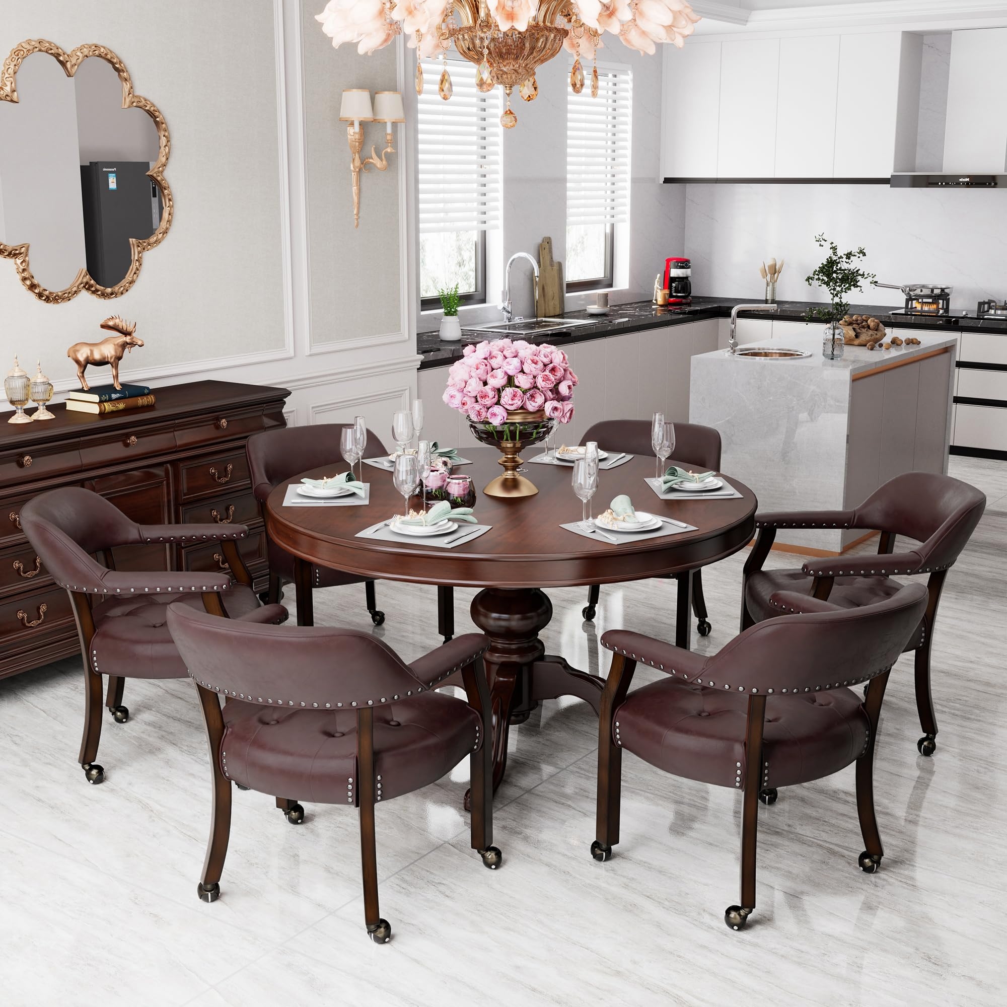 Dining Chair: Wine Red Captain Chairs with Nailhead Rolling Base