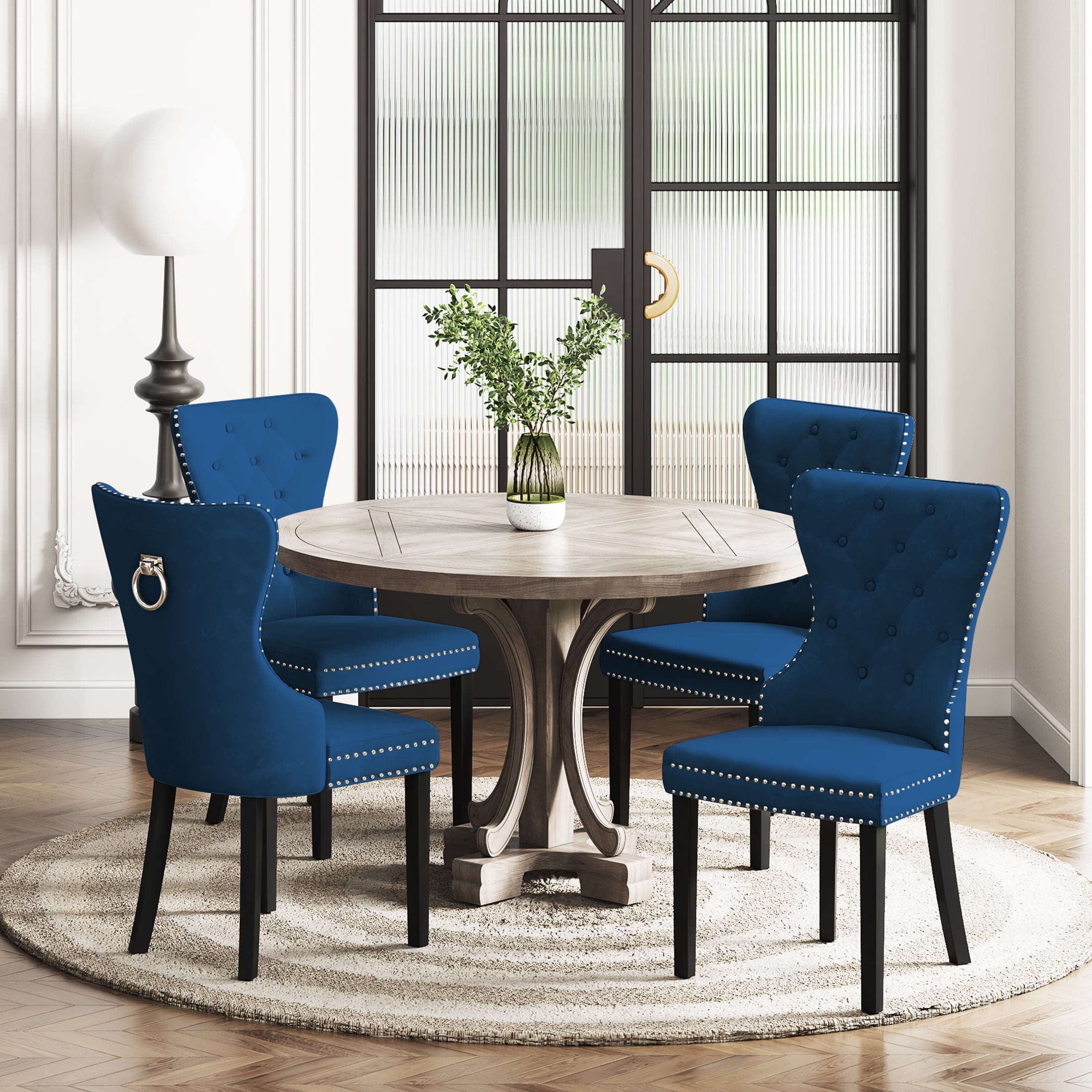 Dining Chair Wingback Silhouette Royal Blue Silver Pull Ring