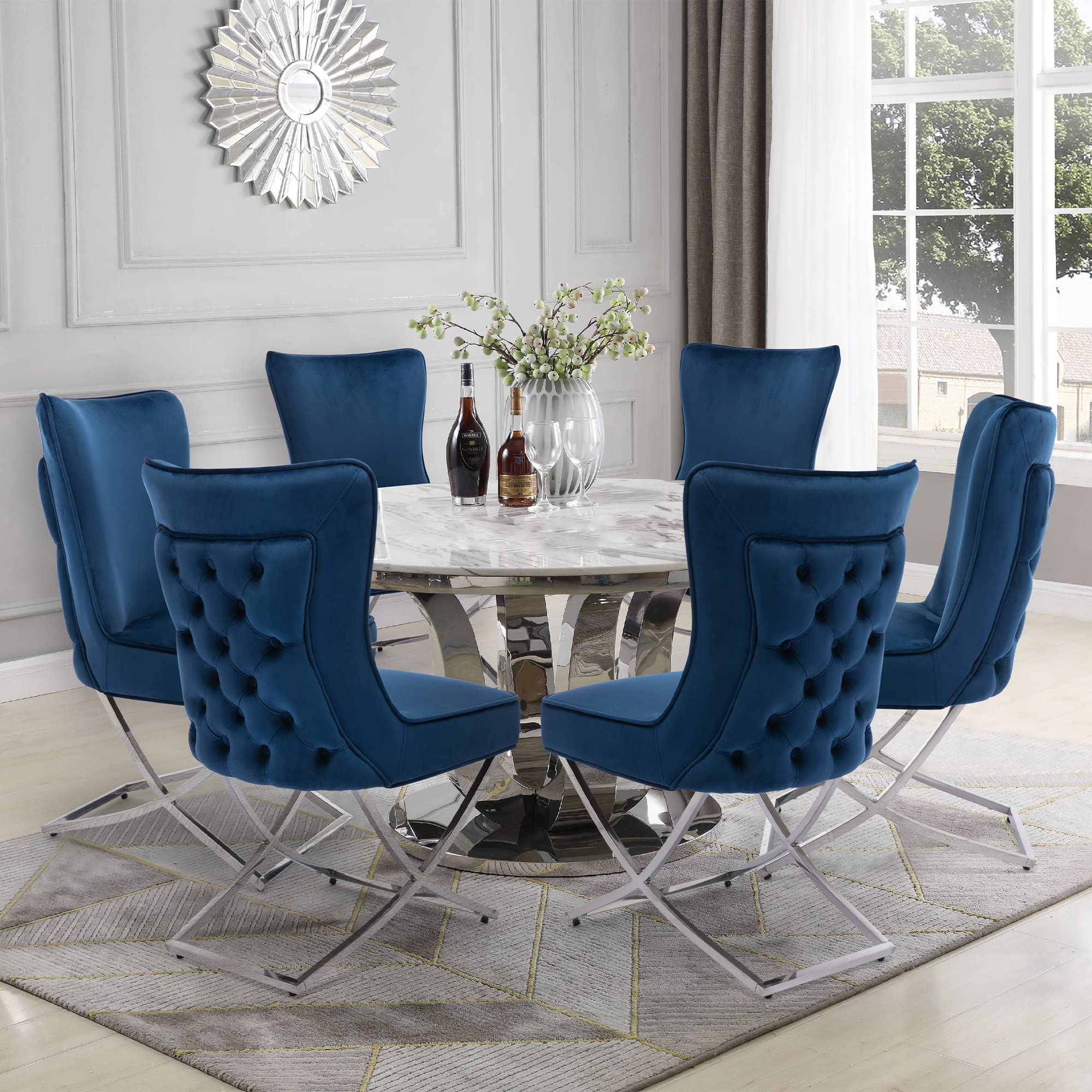 Dining Chair X-Frame Base Button Tufting Dark Blue Wingback
