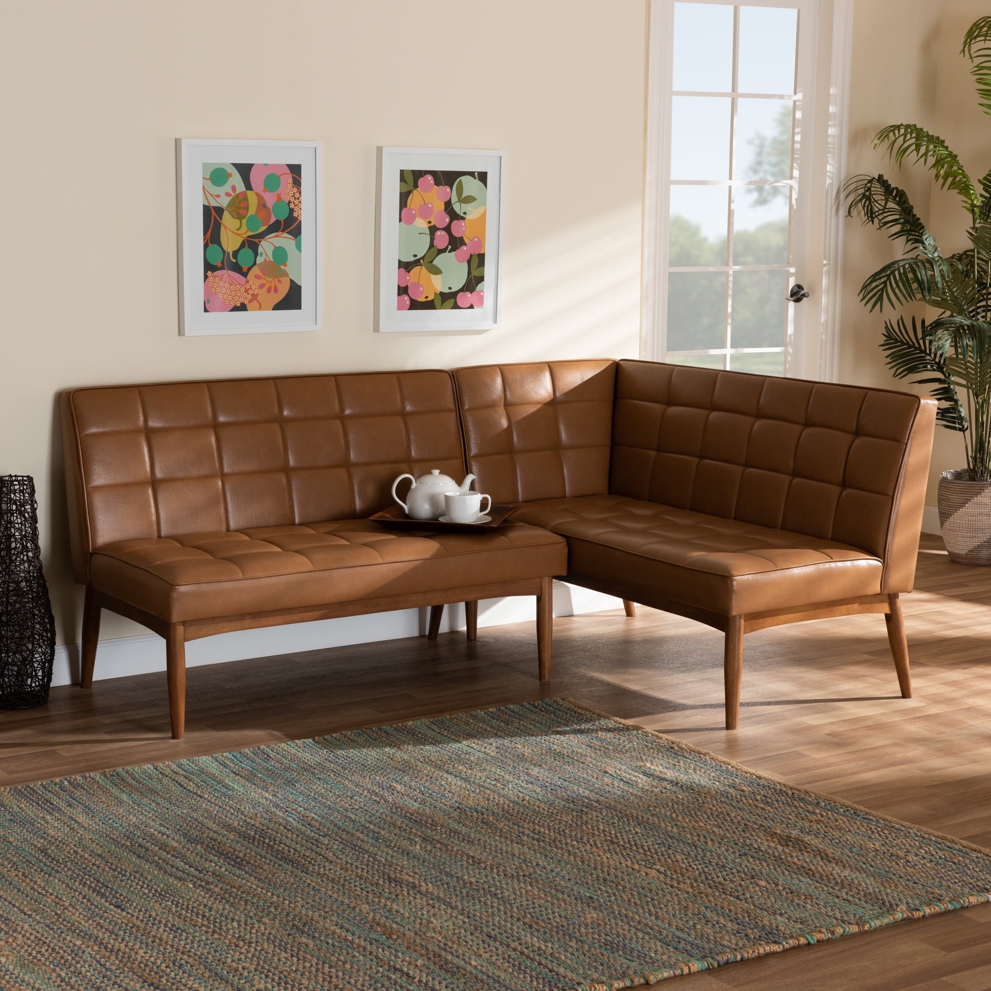 Dining Nook Banquette with Grid Tufting and Walnut Brown Tapered Legs
