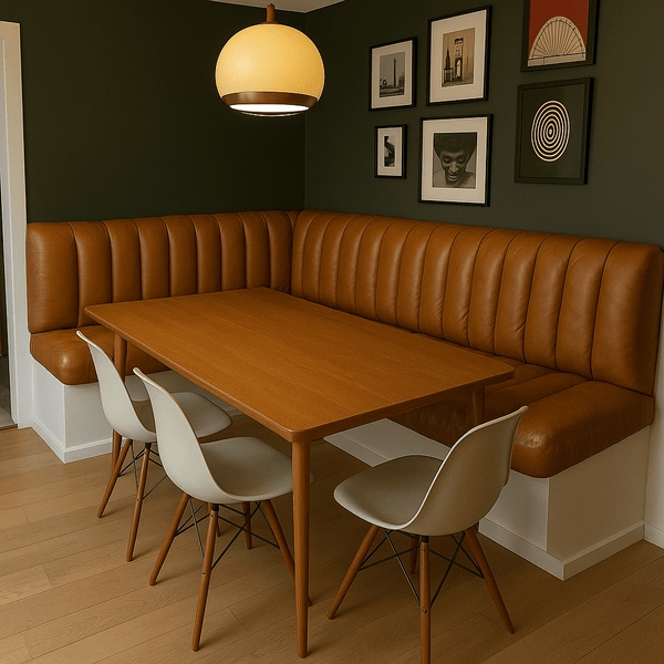 Dining Nook Set with Overstuffed Cognac Leather and Channel Tufting